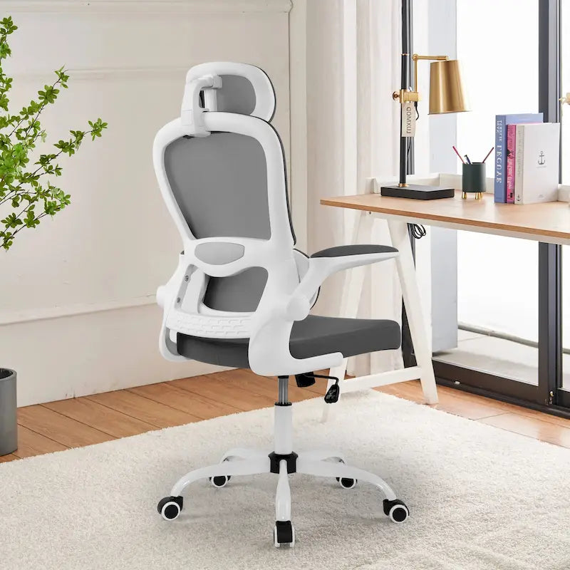 Silla de oficina ergonómica de respaldo alto con malla, soporte lumbar y reposabrazos