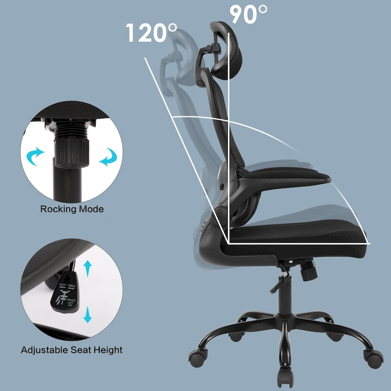 Silla de oficina ergonómica de respaldo alto con malla, soporte lumbar y reposabrazos