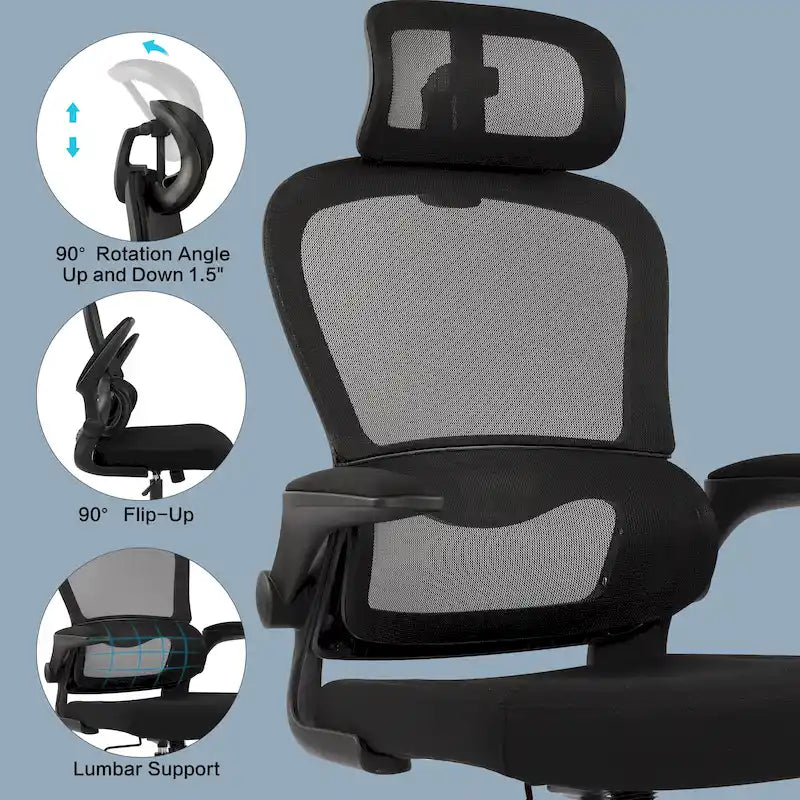 Silla de oficina ergonómica de respaldo alto con malla, soporte lumbar y reposabrazos