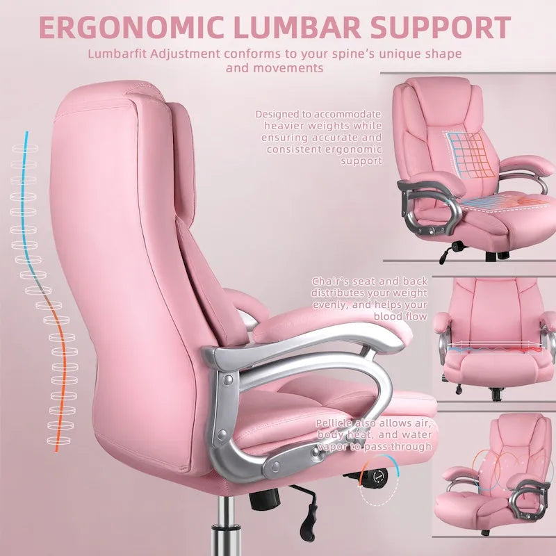 Fauteuil de bureau de direction pour personnes fortes et grandes, capacité de 500 LBS, dossier haut en similicuir PU, ergonomique, avec soutien lombaire réglable
