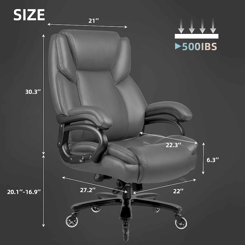 Fauteuil de bureau de direction pour personnes fortes et grandes, capacité de 500 LBS, dossier haut en similicuir PU, ergonomique, avec soutien lombaire réglable