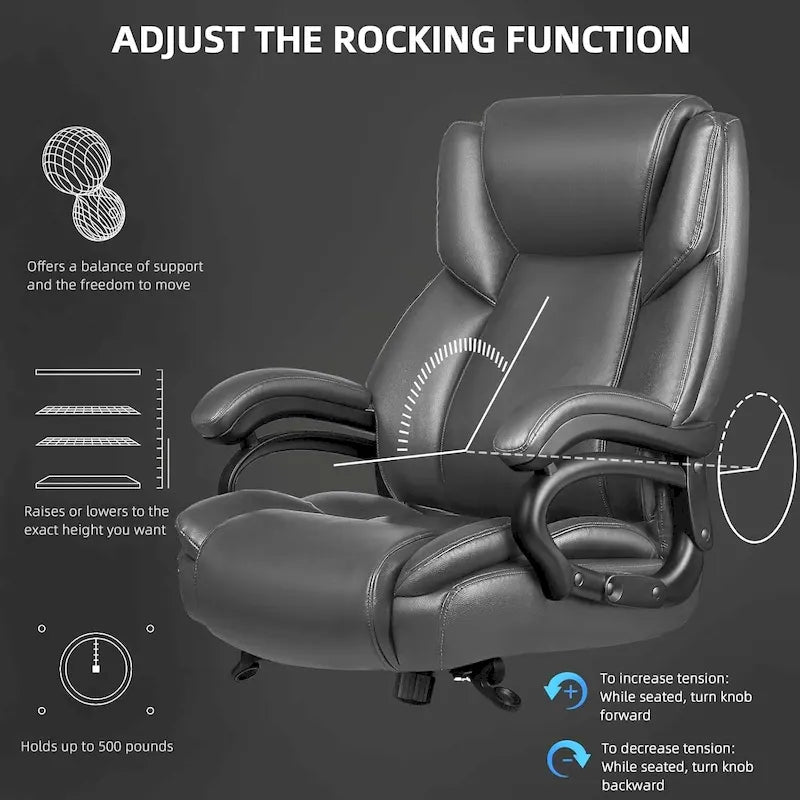 Fauteuil de bureau de direction pour personnes fortes et grandes, capacité de 500 LBS, dossier haut en similicuir PU, ergonomique, avec soutien lombaire réglable