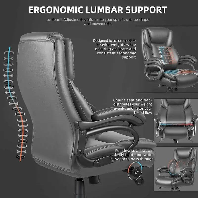 Fauteuil de bureau de direction pour personnes fortes et grandes, capacité de 500 LBS, dossier haut en similicuir PU, ergonomique, avec soutien lombaire réglable