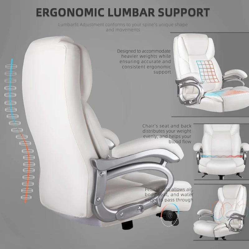 Fauteuil de bureau de direction pour personnes fortes et grandes, capacité de 500 LBS, dossier haut en similicuir PU, ergonomique, avec soutien lombaire réglable