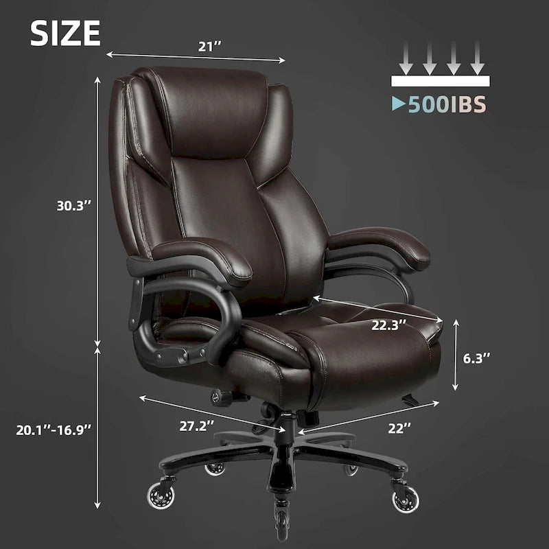 Fauteuil de bureau de direction pour personnes fortes et grandes, capacité de 500 LBS, dossier haut en similicuir PU, ergonomique, avec soutien lombaire réglable