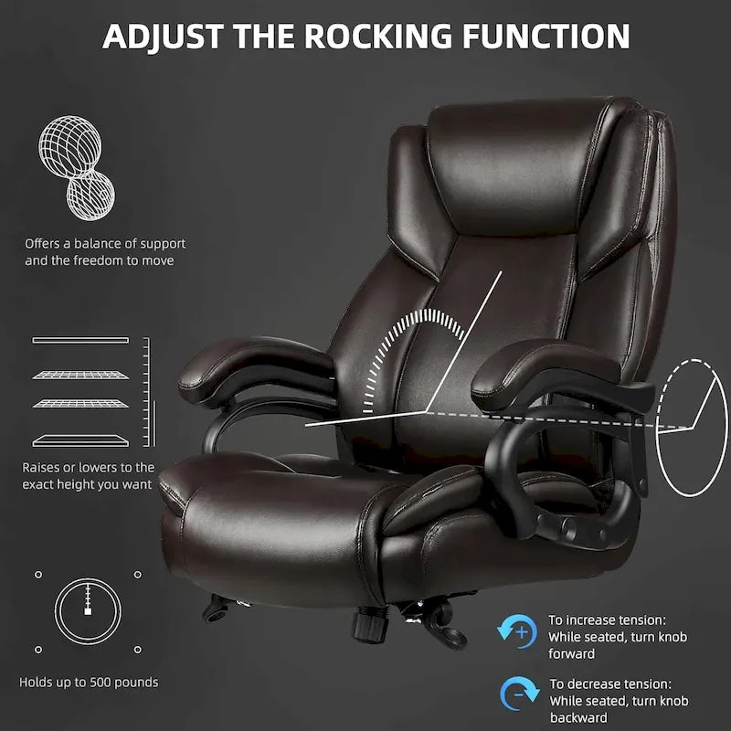 Fauteuil de bureau de direction pour personnes fortes et grandes, capacité de 500 LBS, dossier haut en similicuir PU, ergonomique, avec soutien lombaire réglable