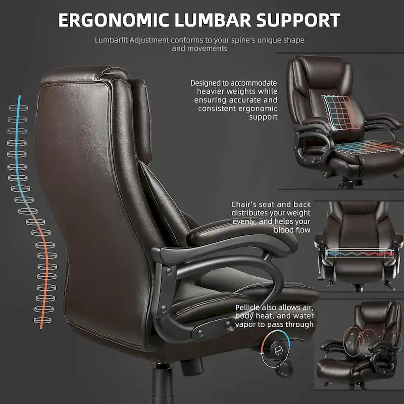 Fauteuil de bureau de direction pour personnes fortes et grandes, capacité de 500 LBS, dossier haut en similicuir PU, ergonomique, avec soutien lombaire réglable