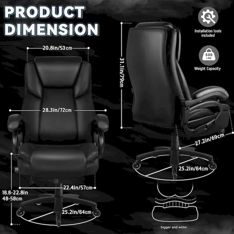 Fauteuil de bureau de direction pour personnes fortes et grandes, capacité de 500 LBS, dossier haut en similicuir PU, ergonomique, avec soutien lombaire réglable