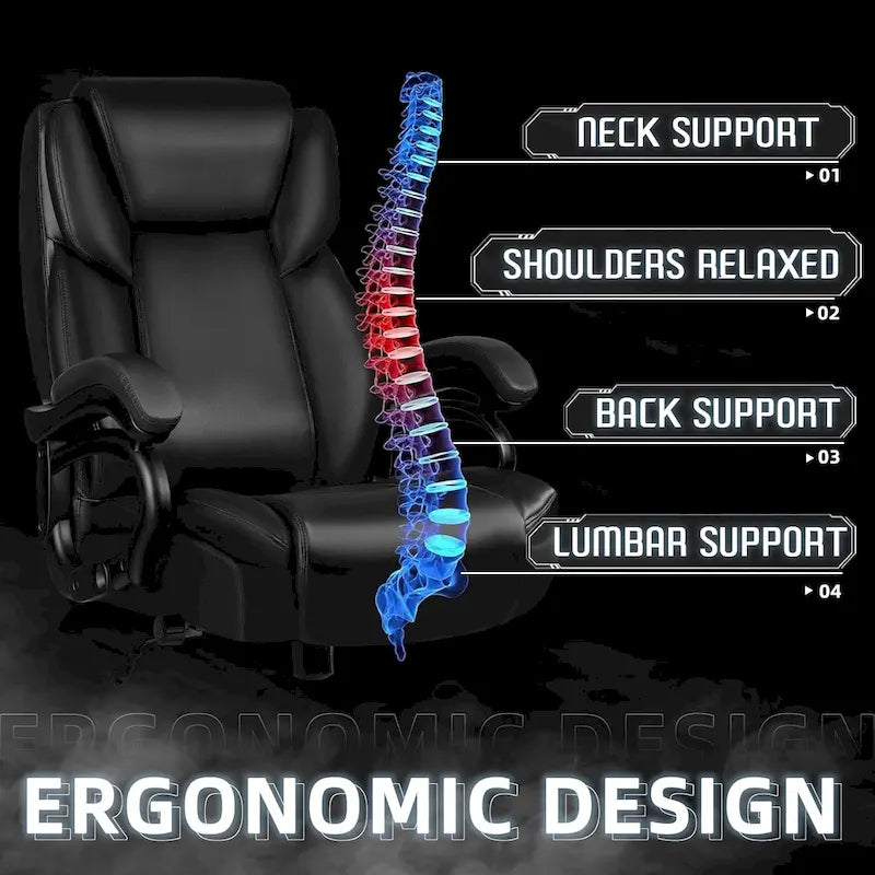 Fauteuil de bureau de direction pour personnes fortes et grandes, capacité de 500 LBS, dossier haut en similicuir PU, ergonomique, avec soutien lombaire réglable