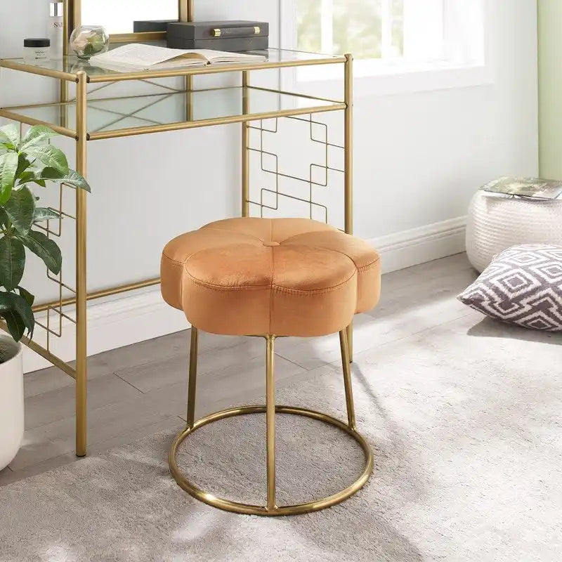 Sgabello d'accento floreale in velluto, pouf imbottito con base metallica