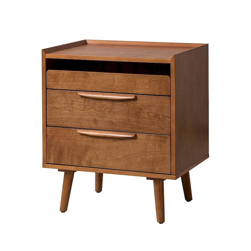 Mid-Century Modern 3-Drawer Nightstand with Charging Station