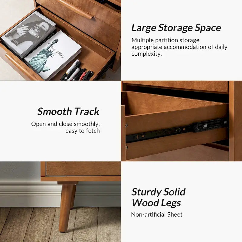 Mid-Century Modern 3-Drawer Nightstand with Charging Station