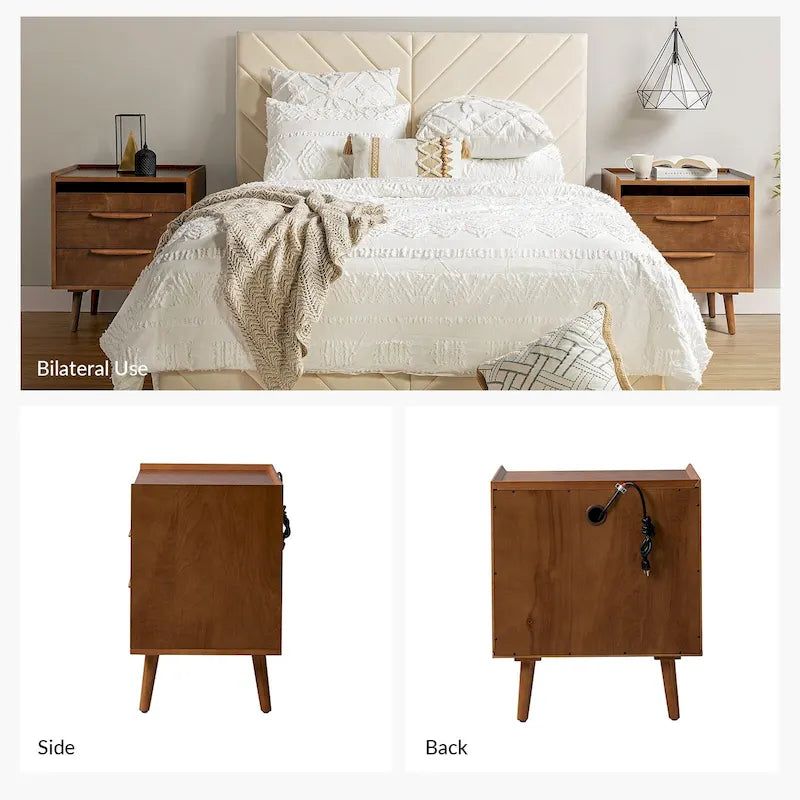 Mid-Century Modern 3-Drawer Nightstand with Charging Station