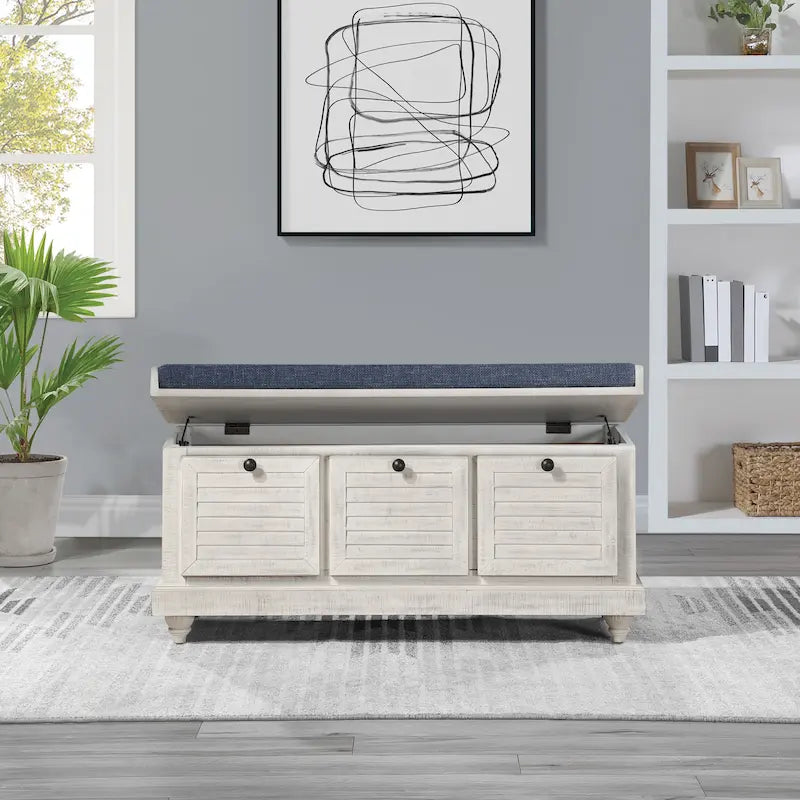 Coastal Style Lift-Top Storage Bench with Shutter Front and Cushion
