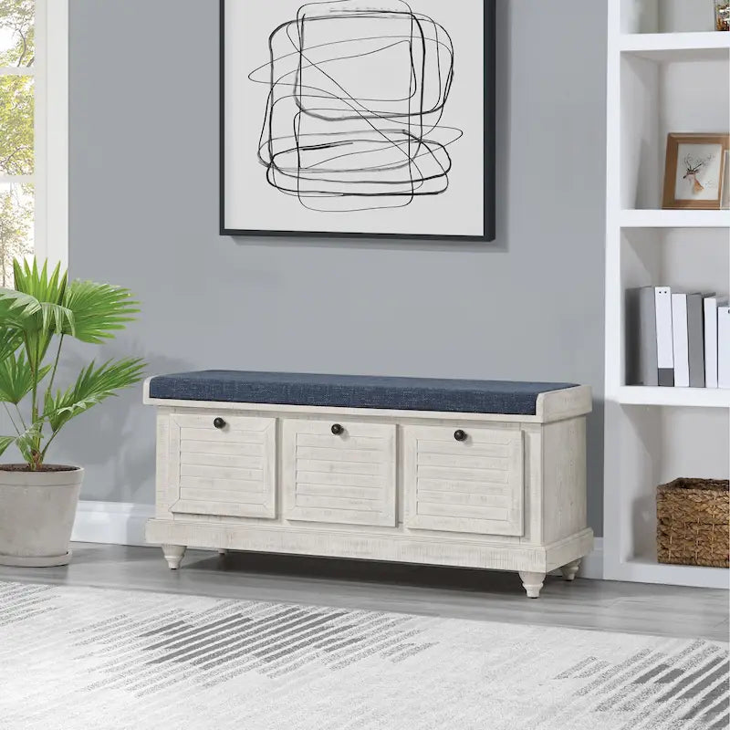 Coastal Style Lift-Top Storage Bench with Shutter Front and Cushion