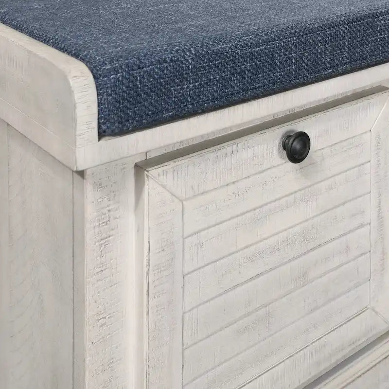 Coastal Style Lift-Top Storage Bench with Shutter Front and Cushion