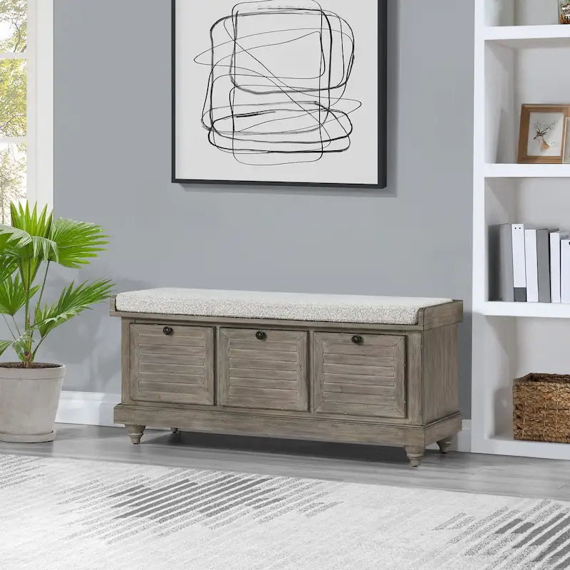 Coastal Style Lift-Top Storage Bench with Shutter Front and Cushion