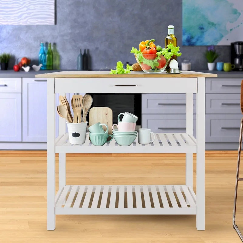 Îlot de cuisine à 2 étagères avec plateau supérieur en bois massif naturel et étagères de rangement