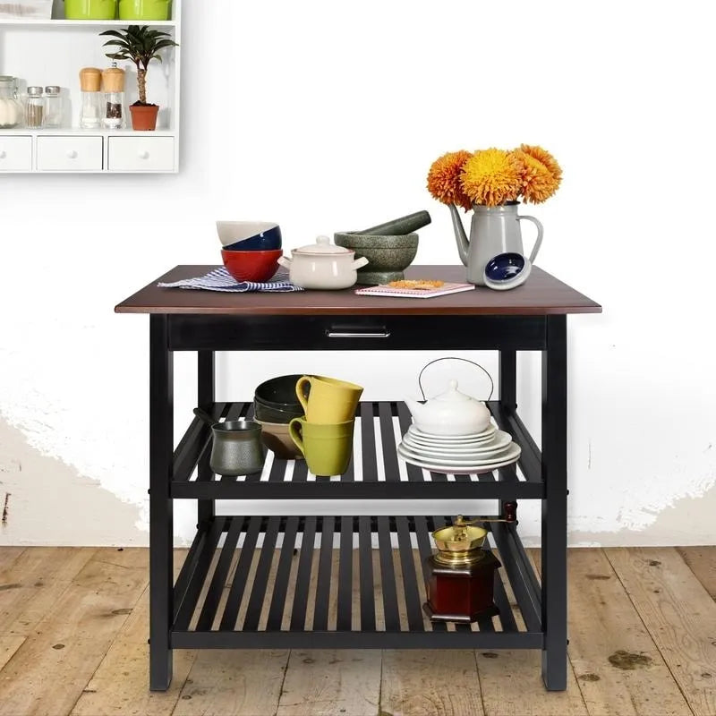 Isla de cocina de madera maciza natural con 2 estantes superiores y estantes de almacenamiento