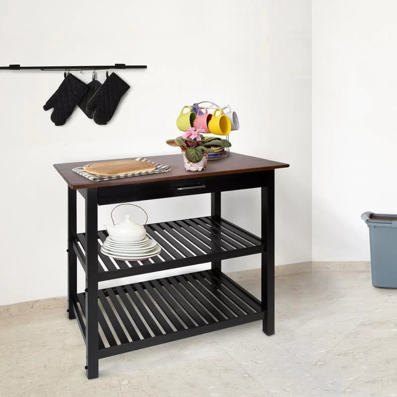 Îlot de cuisine à 2 étagères avec plateau supérieur en bois massif naturel et étagères de rangement