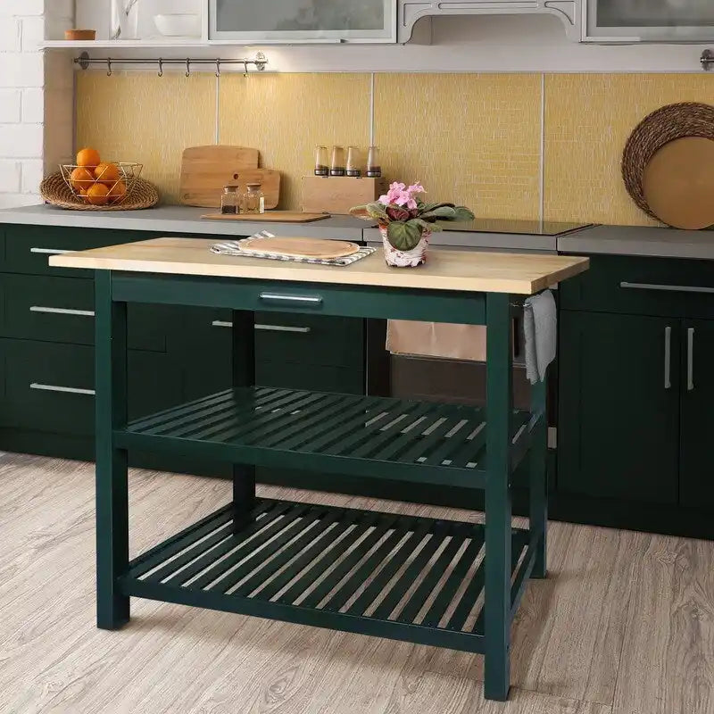 Îlot de cuisine à 2 étagères avec plateau supérieur en bois massif naturel et étagères de rangement