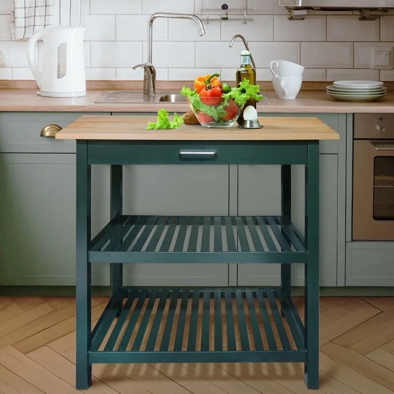 Îlot de cuisine à 2 étagères avec plateau supérieur en bois massif naturel et étagères de rangement