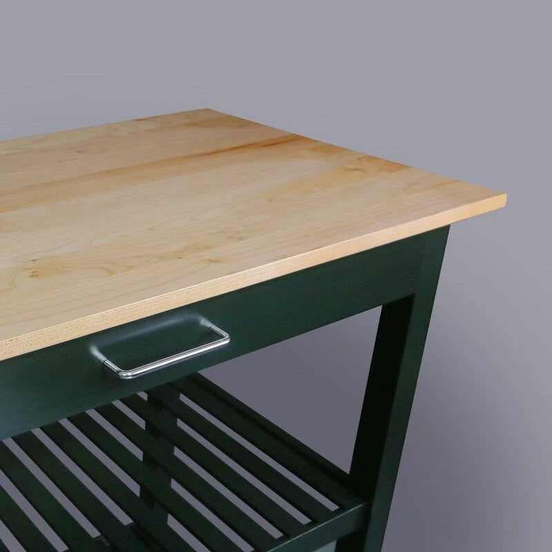 Îlot de cuisine à 2 étagères avec plateau supérieur en bois massif naturel et étagères de rangement
