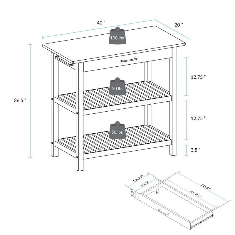 Îlot de cuisine à 2 étagères avec plateau supérieur en bois massif naturel et étagères de rangement