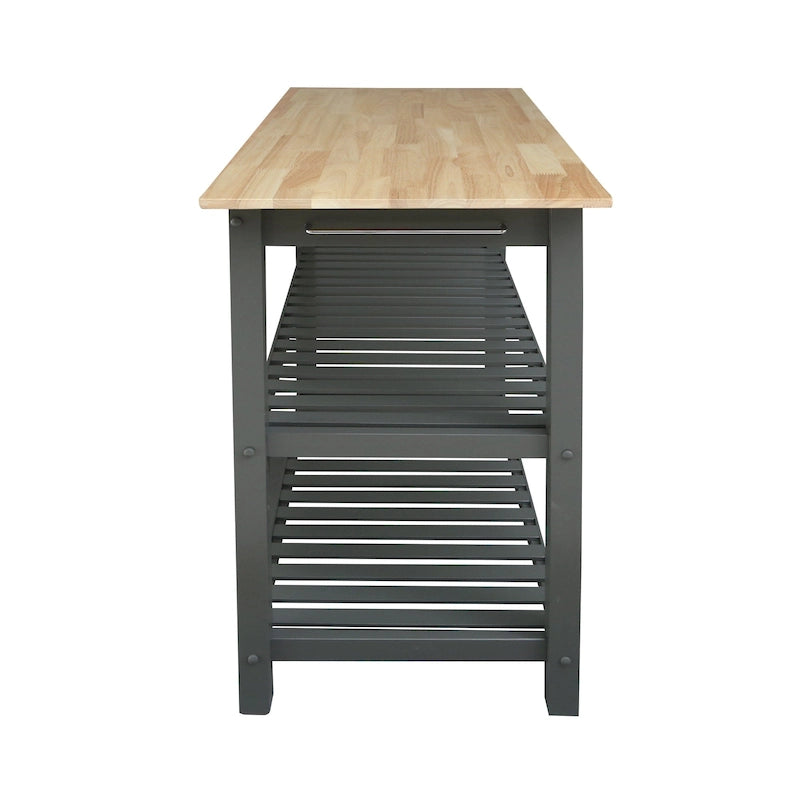 Îlot de cuisine à 2 étagères avec plateau supérieur en bois massif naturel et étagères de rangement