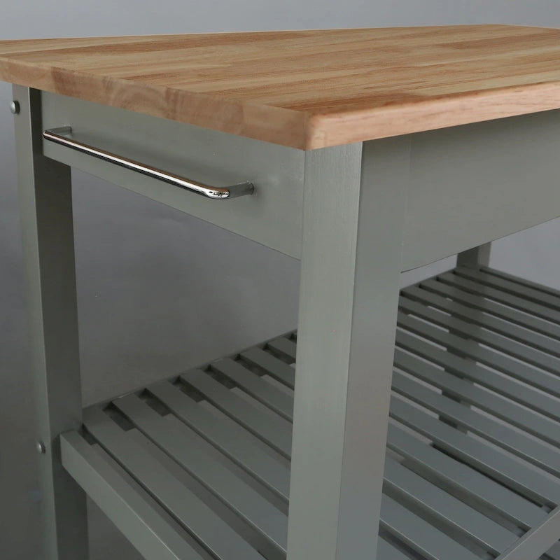 Îlot de cuisine à 2 étagères avec plateau supérieur en bois massif naturel et étagères de rangement
