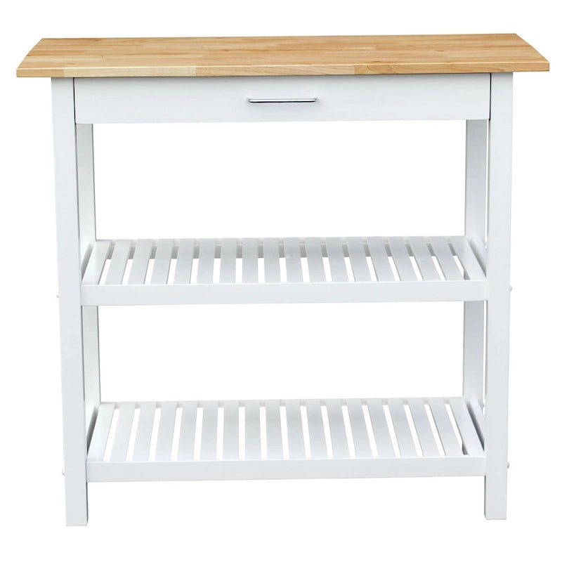 Îlot de cuisine à 2 étagères avec plateau supérieur en bois massif naturel et étagères de rangement