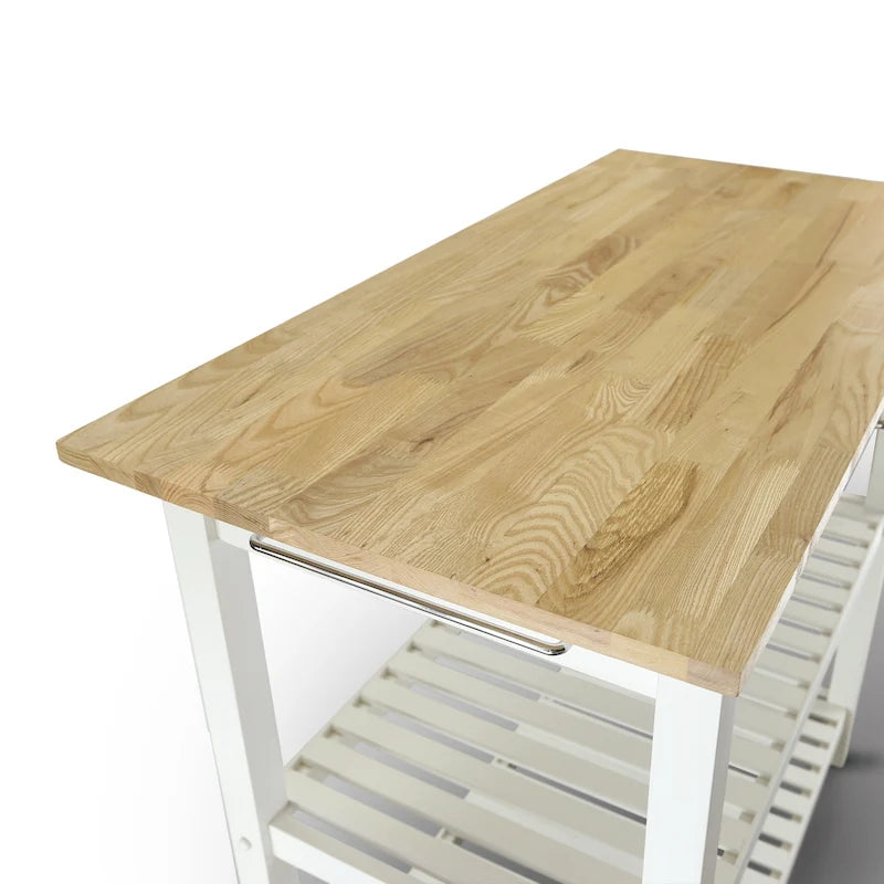 Îlot de cuisine à 2 étagères avec plateau supérieur en bois massif naturel et étagères de rangement