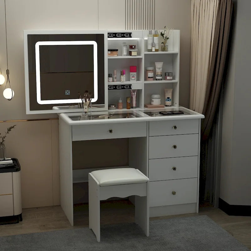 Tocador de maquillaje con espejo corredizo, luces LED, detalles de cristal y cubierta de vidrio