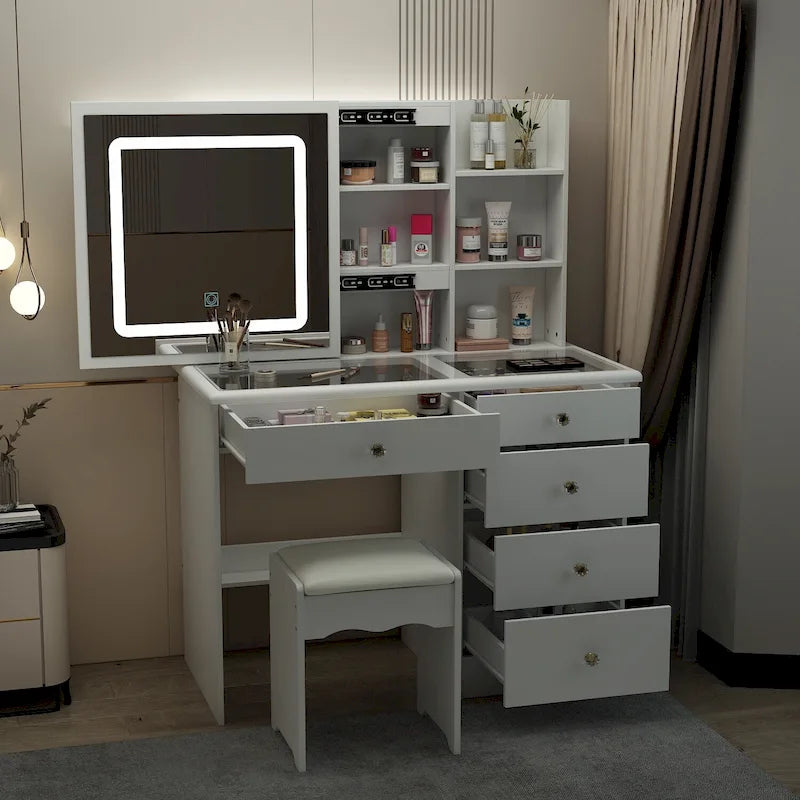 Tocador de maquillaje con espejo corredizo, luces LED, detalles de cristal y cubierta de vidrio