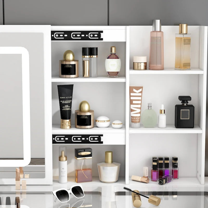 Tocador de maquillaje con espejo corredizo, luces LED, detalles de cristal y cubierta de vidrio