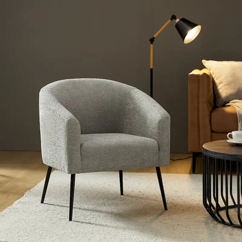 Modern Barrel Armchair with Flared Metal Legs and Chenille Upholstery