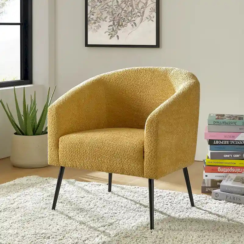 Modern Barrel Armchair with Flared Metal Legs and Chenille Upholstery