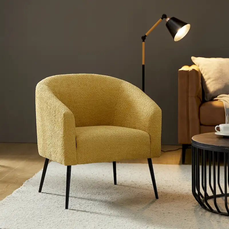 Modern Barrel Armchair with Flared Metal Legs and Chenille Upholstery