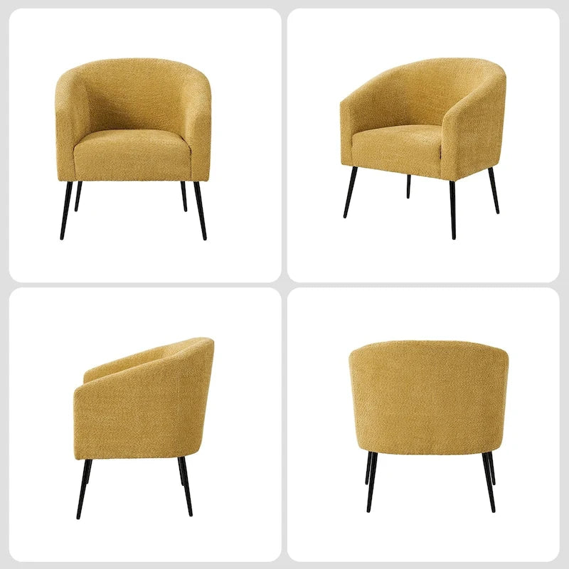 Modern Barrel Armchair with Flared Metal Legs and Chenille Upholstery
