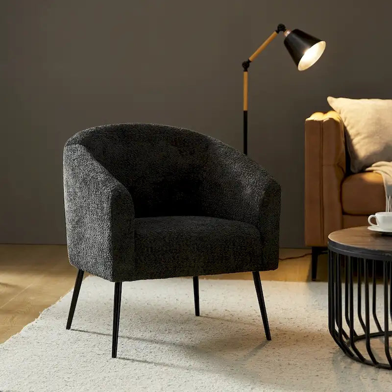 Modern Barrel Armchair with Flared Metal Legs and Chenille Upholstery