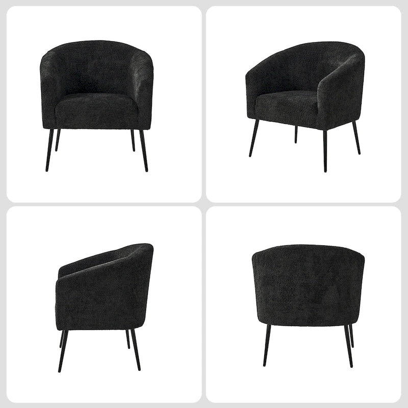 Modern Barrel Armchair with Flared Metal Legs and Chenille Upholstery