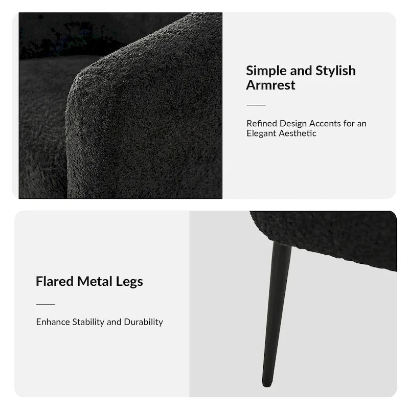 Modern Barrel Armchair with Flared Metal Legs and Chenille Upholstery