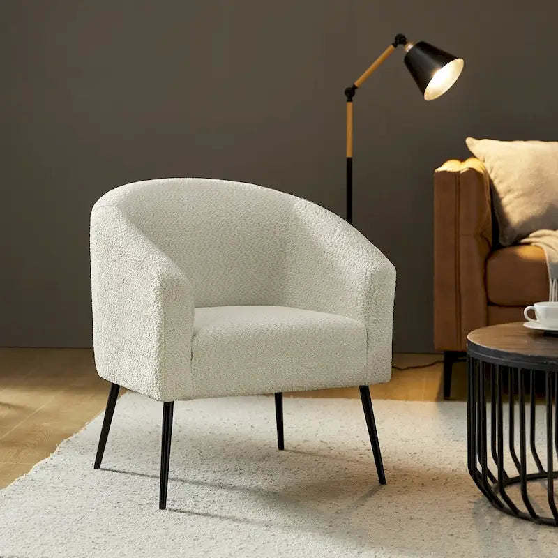 Modern Barrel Armchair with Flared Metal Legs and Chenille Upholstery