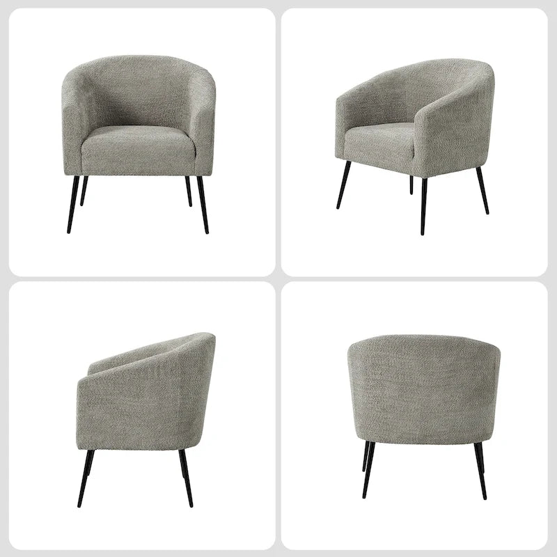Modern Barrel Armchair with Flared Metal Legs and Chenille Upholstery