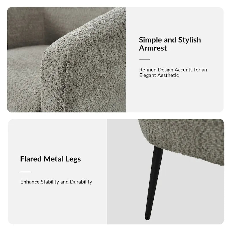 Modern Barrel Armchair with Flared Metal Legs and Chenille Upholstery