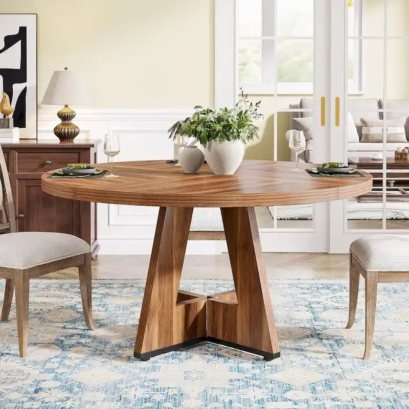 47 Inch Round Dining Table for 4 People, Wood Engineered Pedestal Kitchen Dining Room Table