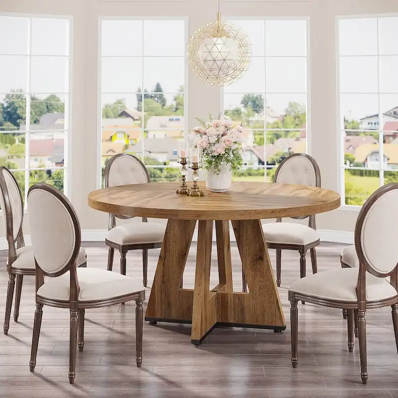 47 Inch Round Dining Table for 4 People, Wood Engineered Pedestal Kitchen Dining Room Table