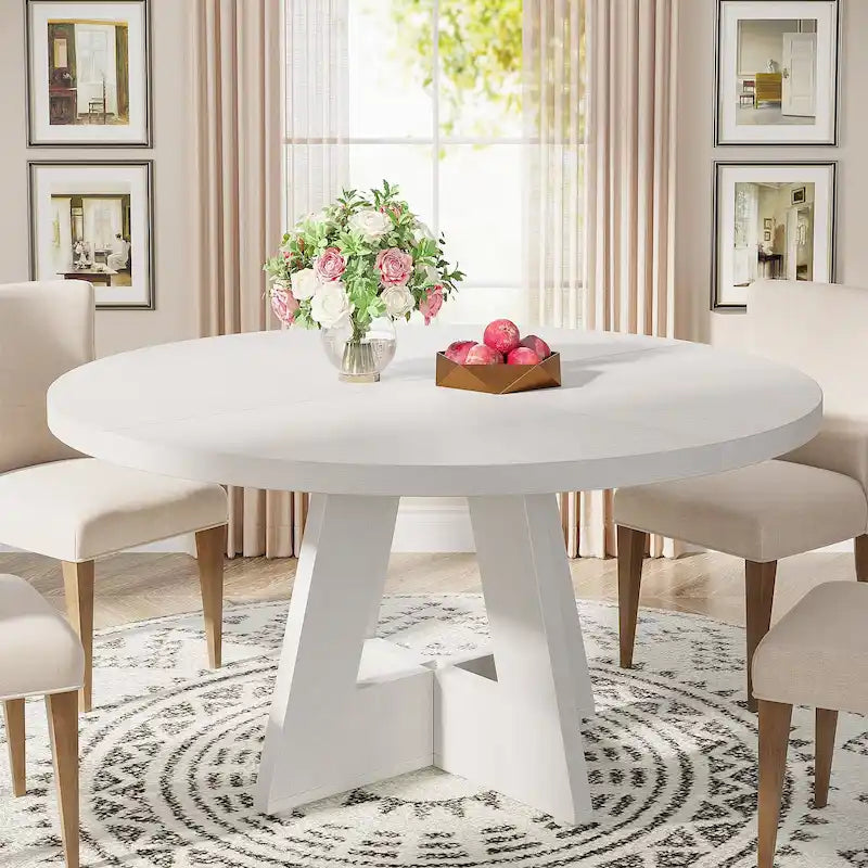 47 Inch Round Dining Table for 4 People, Wood Engineered Pedestal Kitchen Dining Room Table