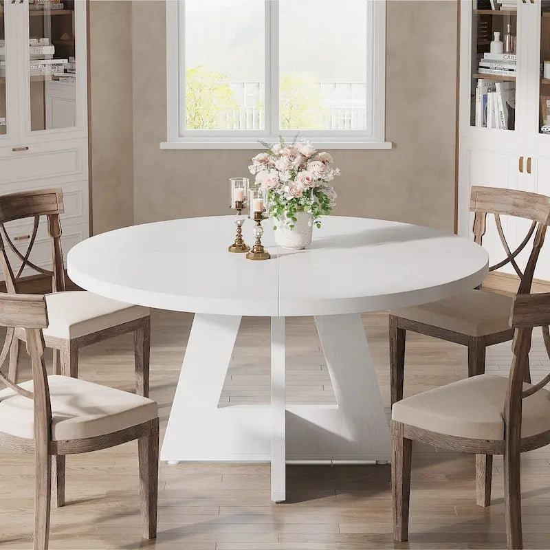47 Inch Round Dining Table for 4 People, Wood Engineered Pedestal Kitchen Dining Room Table