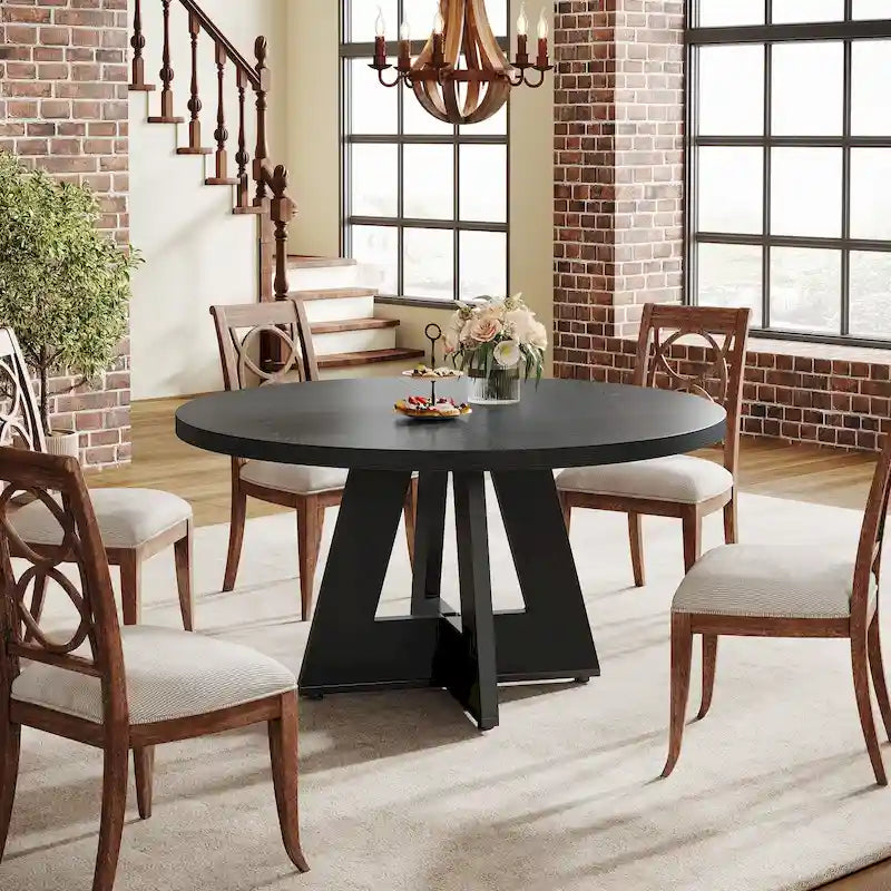 47 Inch Round Dining Table for 4 People, Wood Engineered Pedestal Kitchen Dining Room Table